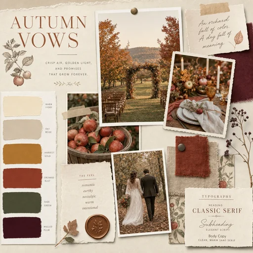 An AUTUMN VOWS moodboard combines orchard ceremony photos, warm color chips, fabric swatches and serif/script type cues.