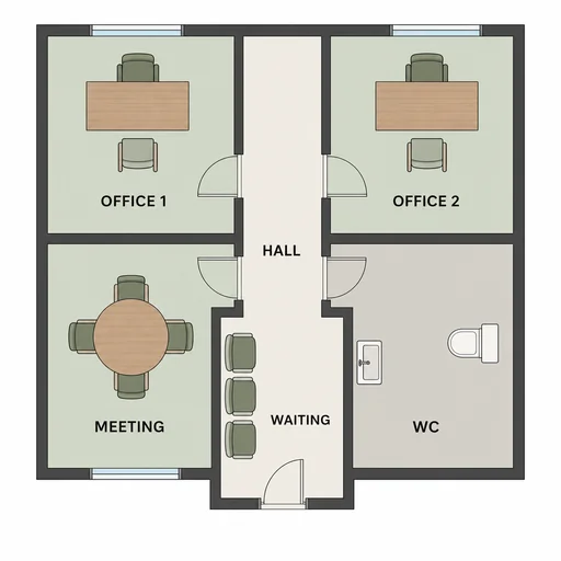 Two-consultant office suite with shared hall, meeting room, waiting area and WC.