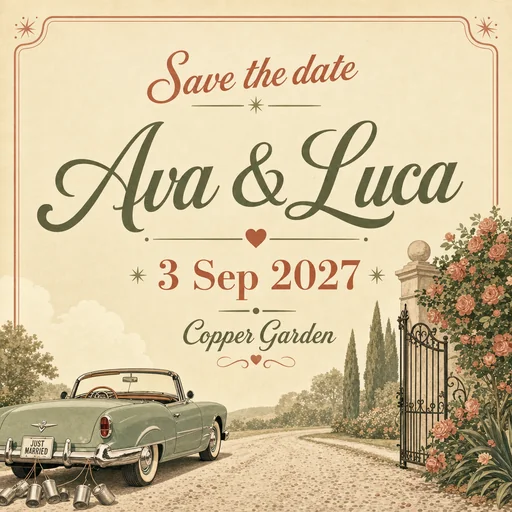 Save-the-date card for Ava & Luca, 3 Sep 2027, Copper Garden.