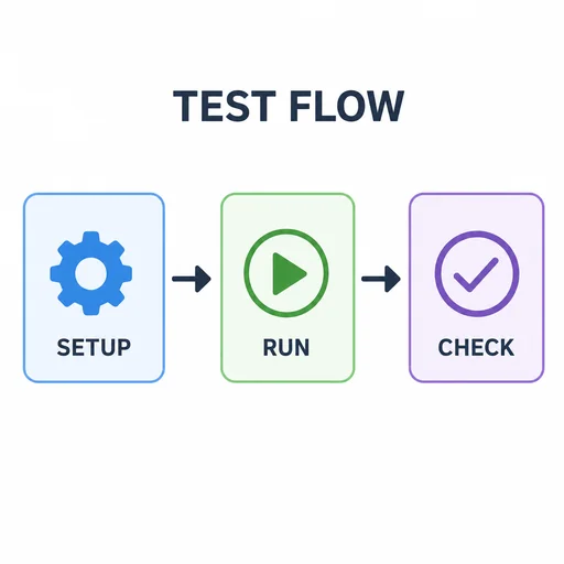 TEST FLOW has SETUP, RUN, CHECK in correct order with two clear rightward arrows and consistent icons.
