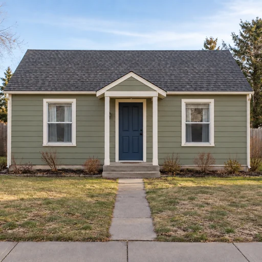 Small house with sage siding, warm-white trim and a navy door, behind a patchy lawn and straight concrete path.