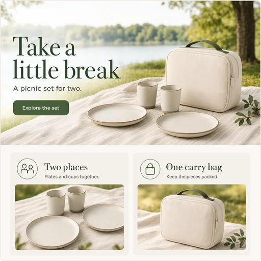 Exact seven supplied strings, two supporting heading/body pairs, one CTA; hero has two unbranded plates, two cups and one cream carry bag.