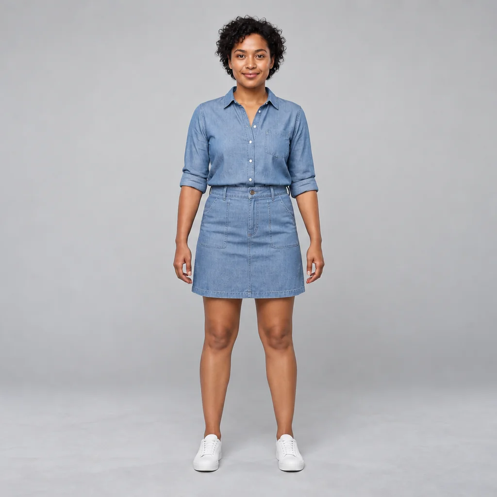 A woman with short dark curls wears a blue chambray shirt, matching skirt and white sneakers against a gray studio backdrop.