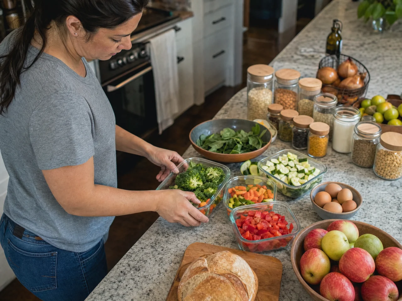 Kitchen island with common weekly ingredients grouped in bowls and containers for meal planning.