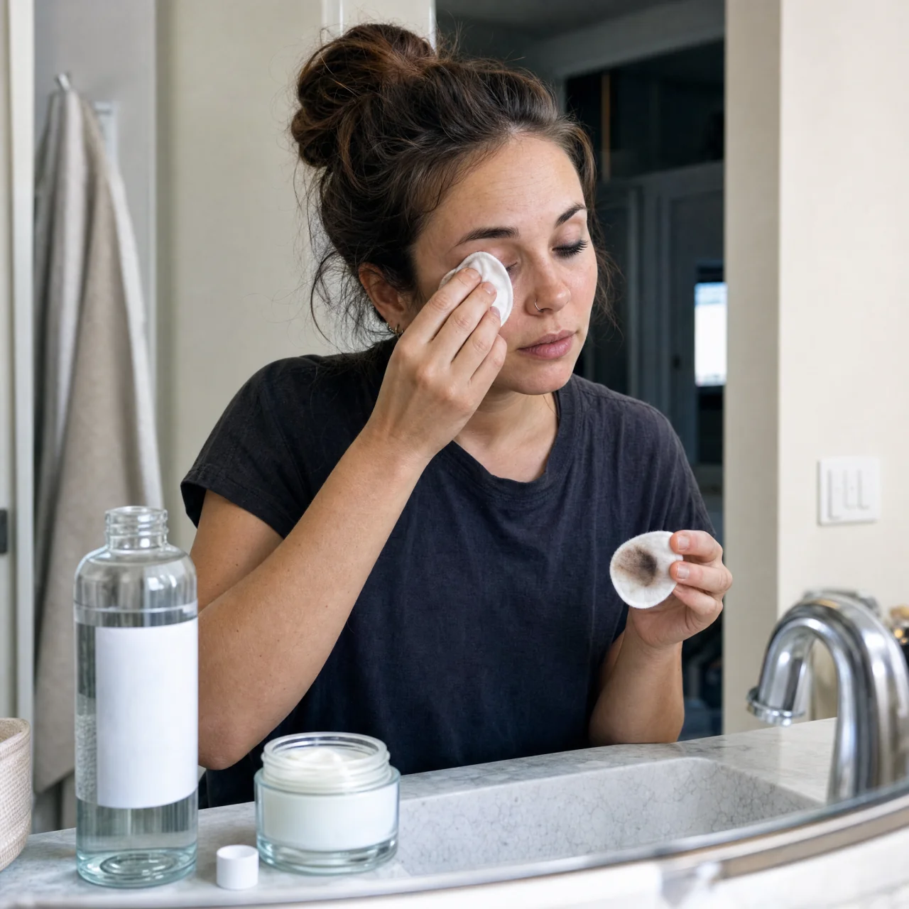 Person gently wiping eye makeup with a cotton pad at a bathroom sink, with cleanser and moisturizer visible on the counter.