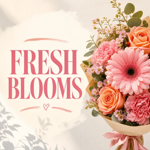 FRESH BLOOMS graphic with a pink-and-orange flower bouquet.