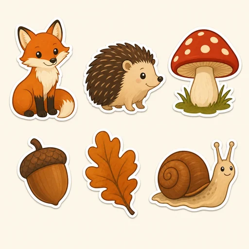 Six warm woodland stickers show a fox, hedgehog, mushroom, acorn, oak leaf and snail on a plain cream sheet.