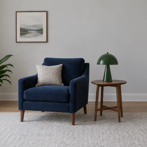 A green dome lamp sits on a wooden side table beside a navy armchair in a bright reading corner.