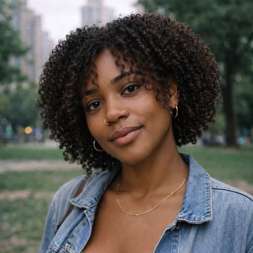 Woman previewing light wispy curly curtain bangs with longer tapered sides in a park portrait.