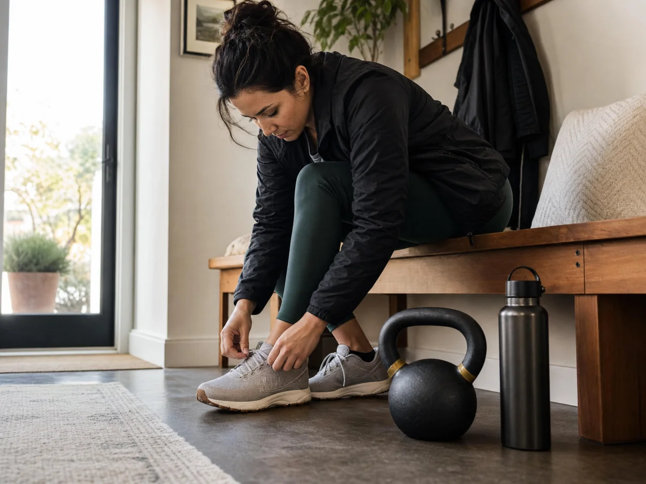 Person sitting on a bench tying running shoes with a kettlebell set to the side, ready to add walking and recovery around kettlebell workouts.