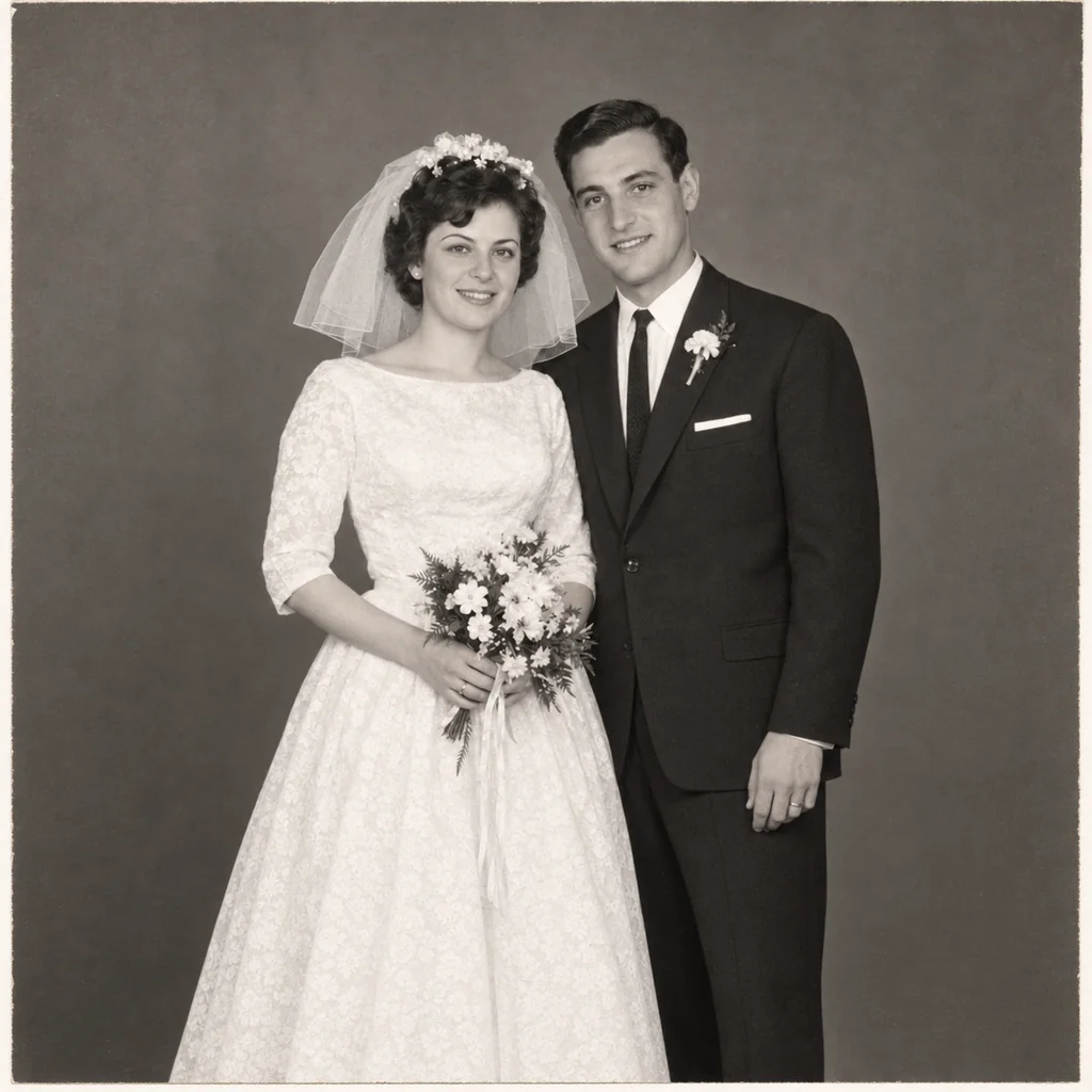 A restored monochrome wedding portrait of a bride holding a bouquet beside a groom in a dark suit.