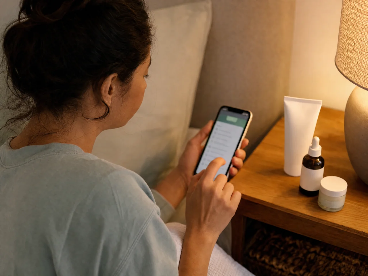Person at a bedside table tapping a phone while three basic skincare products sit nearby, phone screen intentionally out of focus.