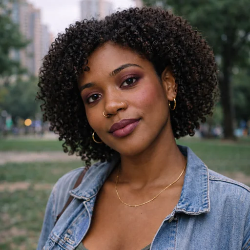 A woman with curly hair wears berry lipstick and plum-toned eye makeup in an outdoor portrait.