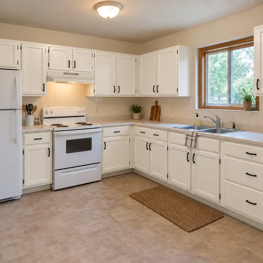 The reference kitchen with satin warm-white cabinets and its existing appliances and surfaces.