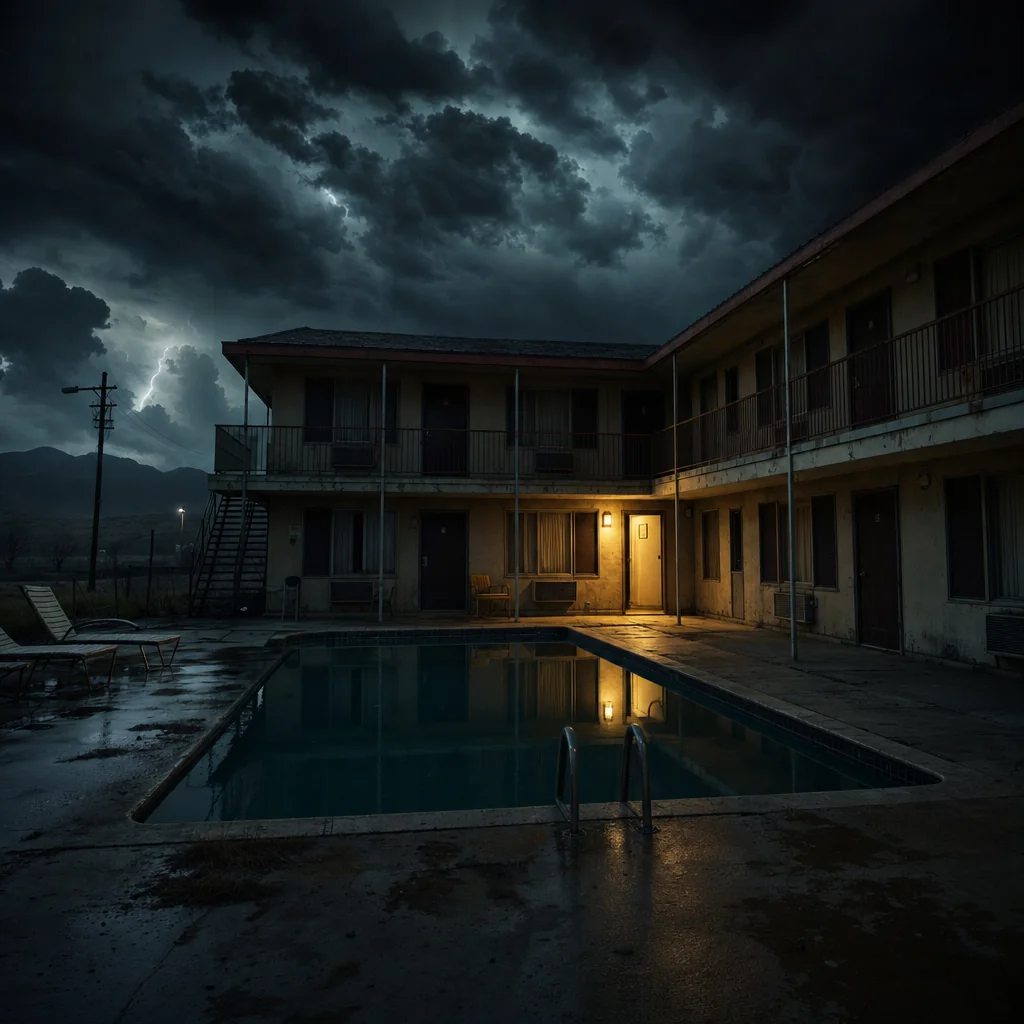 Empty night motel with a still pool, one illuminated doorway and storm clouds.