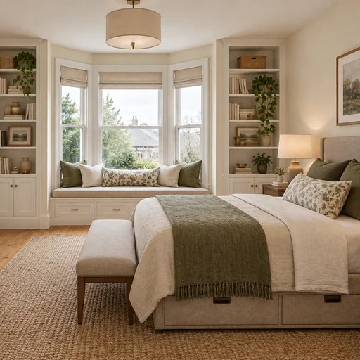Bedroom with a cream bed, olive textiles, built-in bookcases and a cushioned bay-window seat.