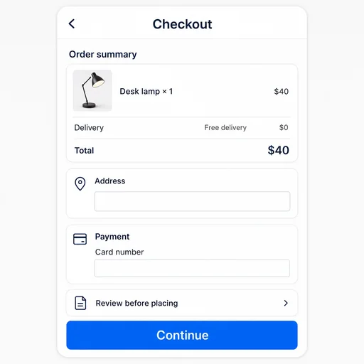 Lamp checkout with free delivery, $40 total, empty fields and review guidance.