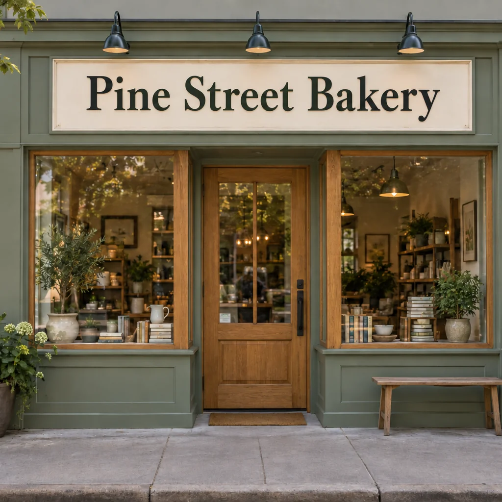 Sage-green storefront with a cream sign reading Pine Street Bakery above a wooden door.
