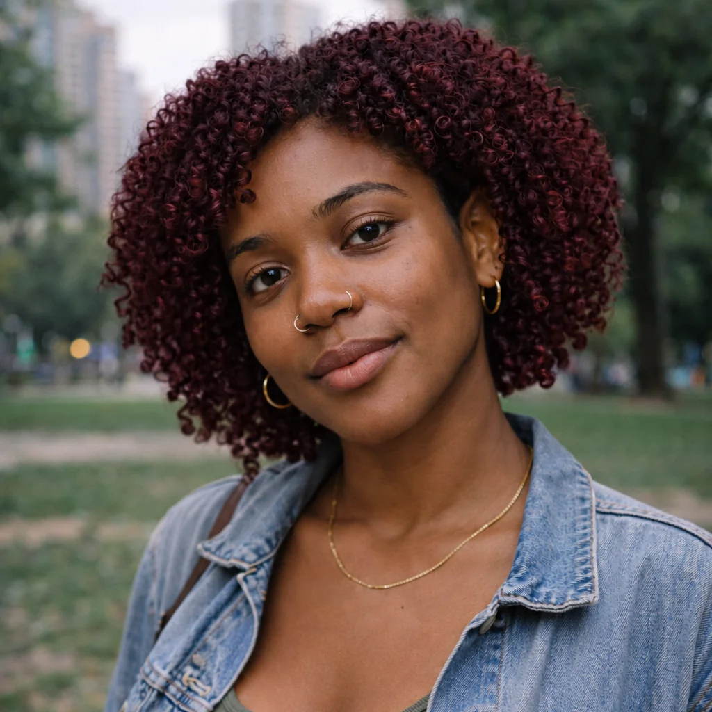 A woman in a denim jacket with deep burgundy curls.