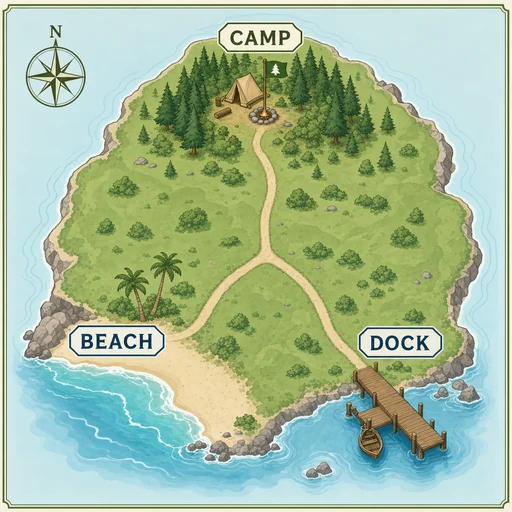 Camp, Beach and Dock connected by a Y-shaped path.