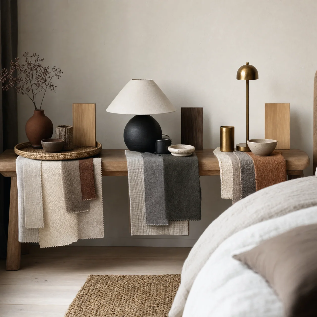 Three adjacent bedside styling vignettes showing warm natural, soft pale, and high-contrast minimalist palettes with different textiles and small decor samples.