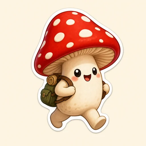 Happy red mushroom with a small green hiking backpack.