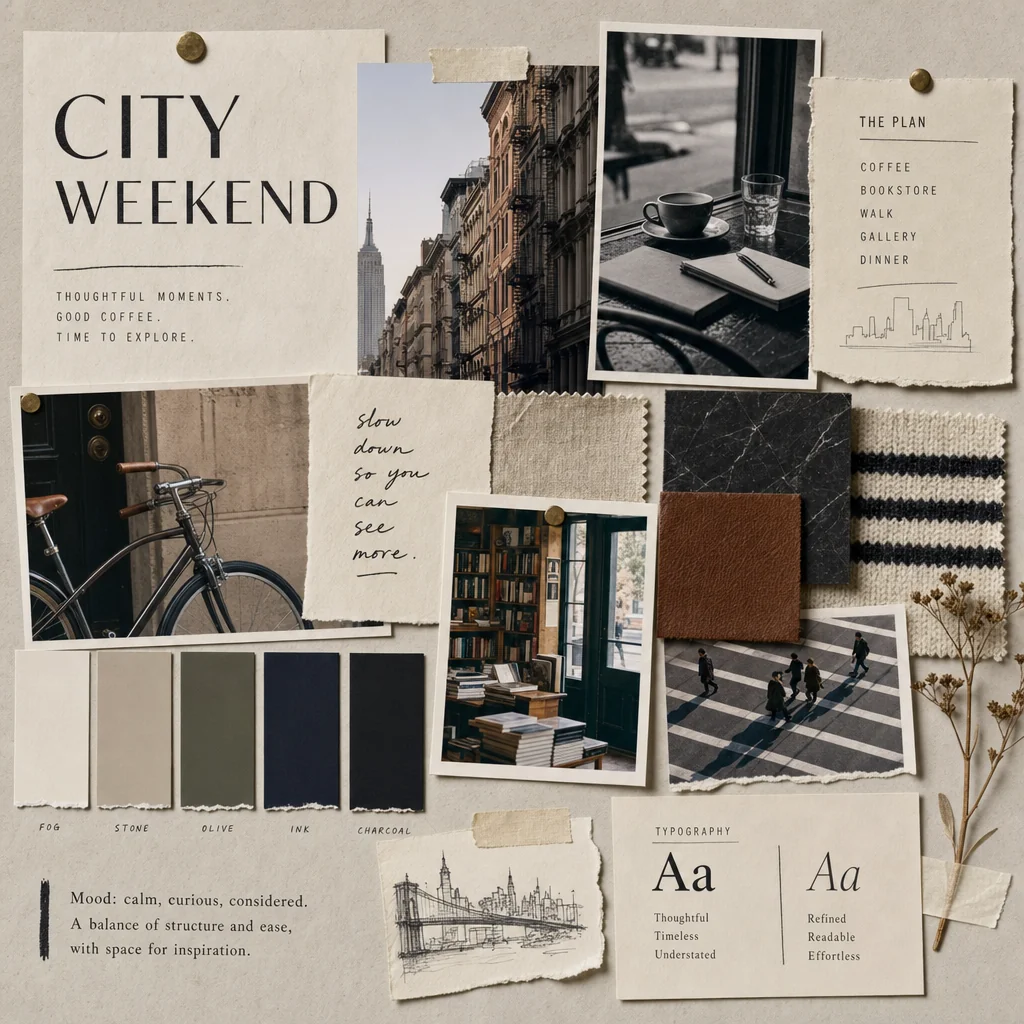 City Weekend moodboard with architecture, coffee, bookstores and neutral materials.
