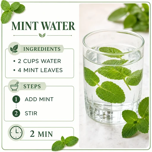 Readable MINT WATER title, exact ingredients 2 CUPS WATER / 4 MINT LEAVES, ADD MINT / STIR numbered steps, and 2 MIN timing.