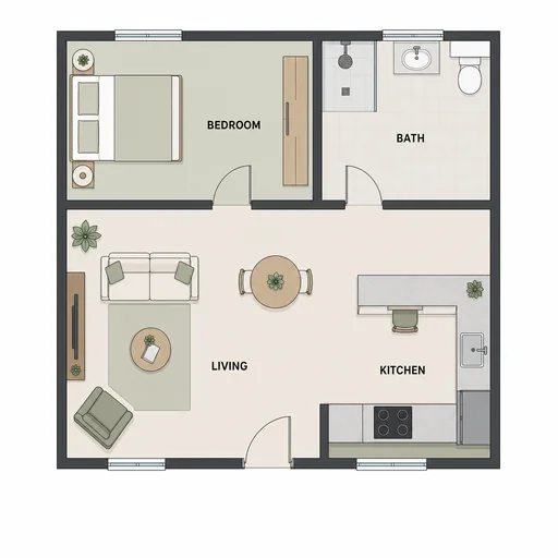 Unmeasured top-down one-bedroom home plan retaining its bedroom, bath, living area, kitchen and furniture arrangement.