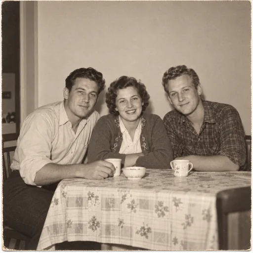 Three adult siblings at a kitchen table in a repaired warm monochrome photograph.