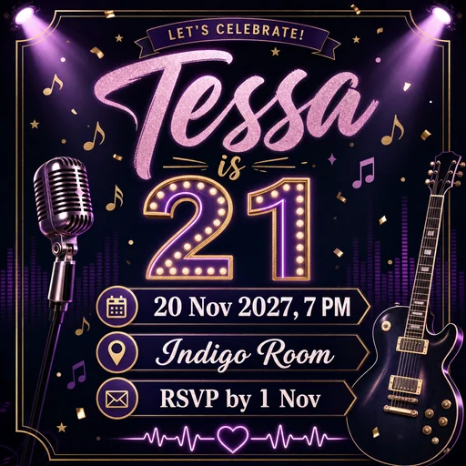 Music birthday invitation with Tessa details and an unrequested celebratory banner.