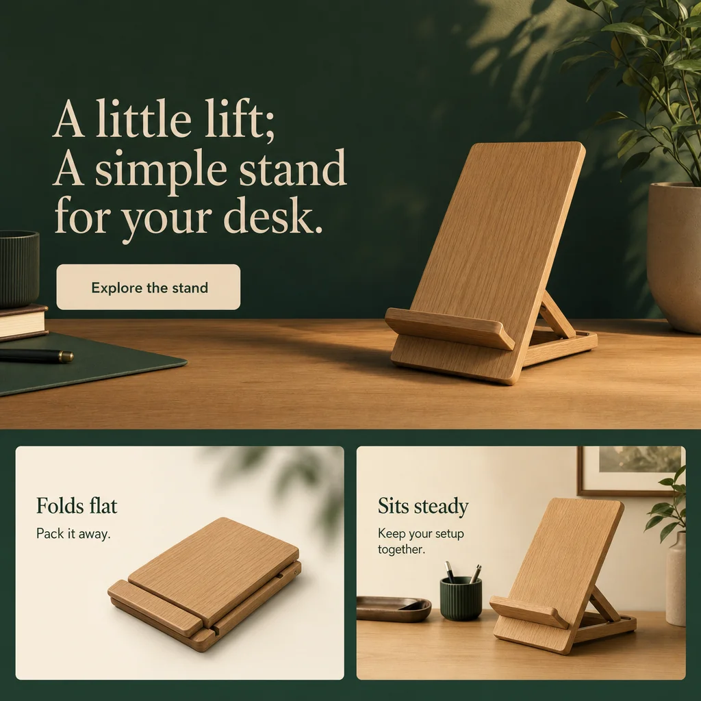 Oak and deep-green landing page for an open wooden stand, with complete hero copy and two supporting sections.