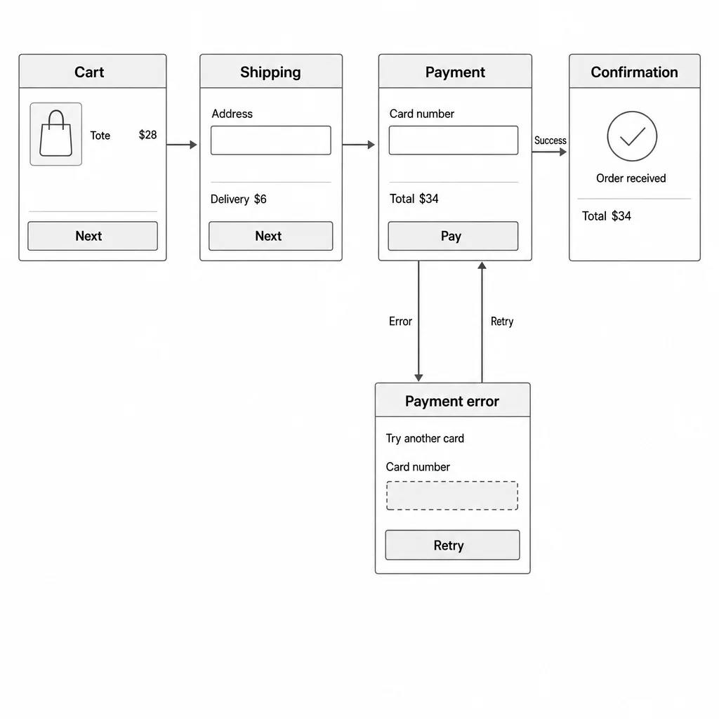 Five-panel tote checkout wireframe with correct Success, Error and Retry connections and a $34 total.