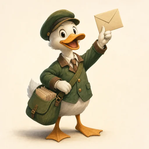 An eager duck post carrier with a green satchel proudly raises one plain envelope.