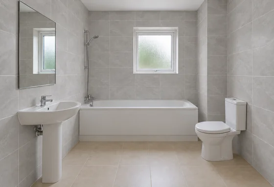 The reference bathroom with light-gray stone-look wall tiles and existing fixtures.