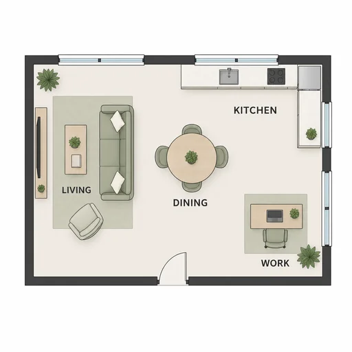 Refined open-plan floor layout preserving supplied rooms and furnishings.