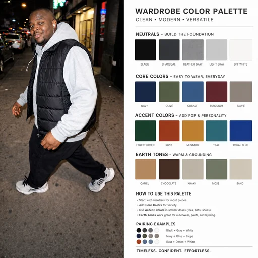 Nighttime street portrait beside organized wardrobe color swatches.