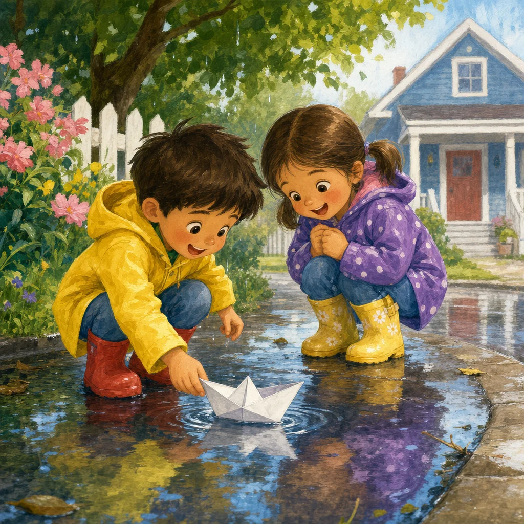 Two siblings in colorful raincoats launch a paper boat in a rain puddle, painted in bright gouache.
