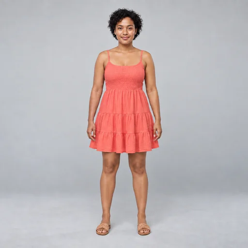 A woman with short dark curls wears a coral summer dress and tan sandals against a gray studio backdrop.