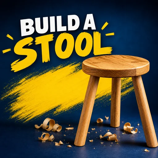 BUILD A STOOL thumbnail with the wooden stool on the right.