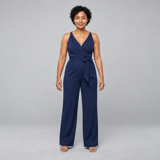 A woman with short dark curls models a navy sleeveless jumpsuit with a tied waist against a gray studio backdrop.