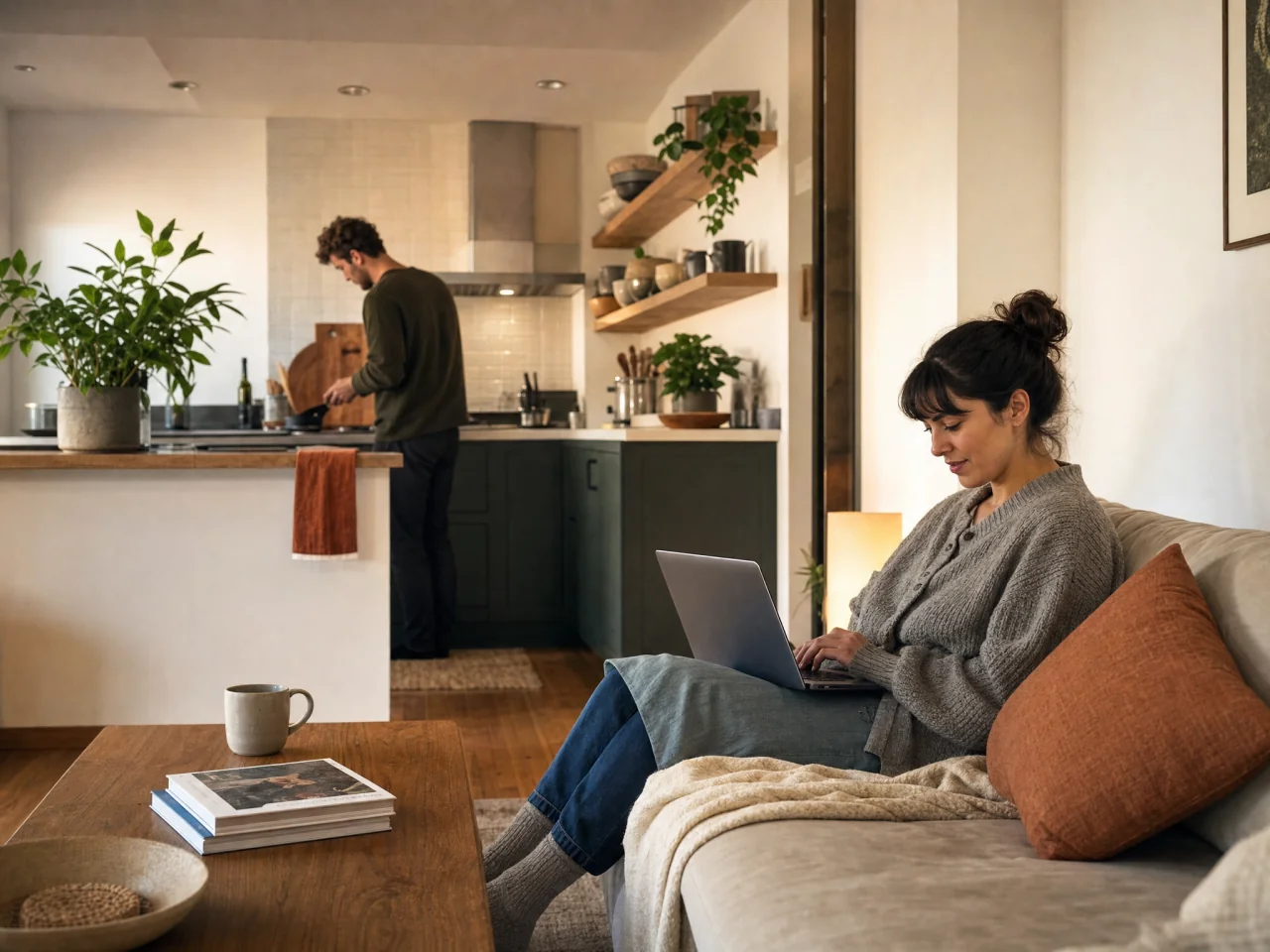 Compact kitchen opening to a living nook where a sofa cushion echoes the kitchen towel color and a plant is visible from both rooms