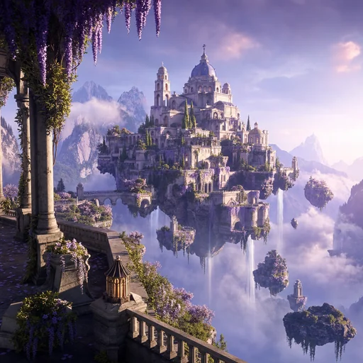 A pale stone monastery floats above a misty violet gorge, with garden terraces and trailing flowers.