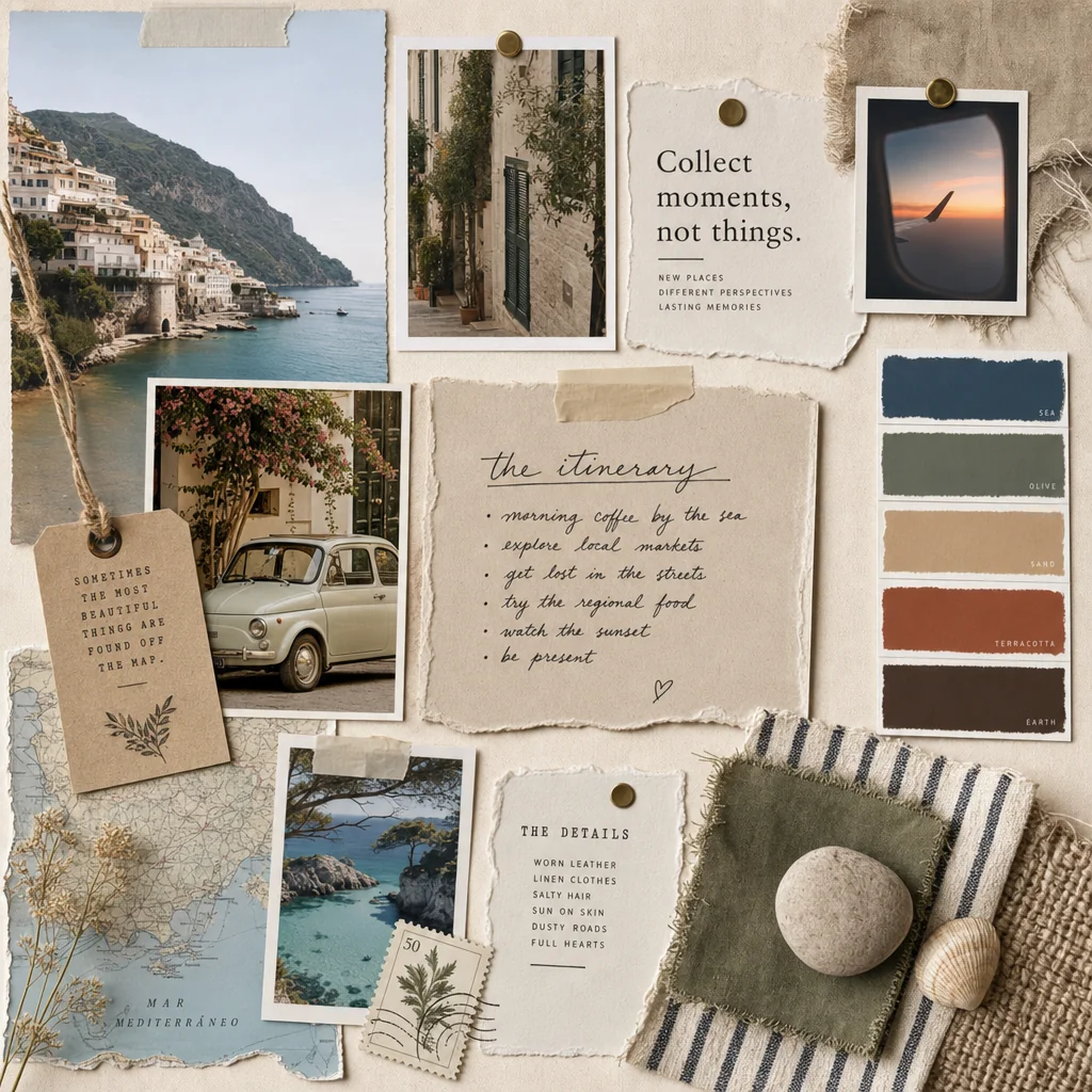 Coastal travel moodboard with handwritten itinerary, photographs, textures and muted color chips.