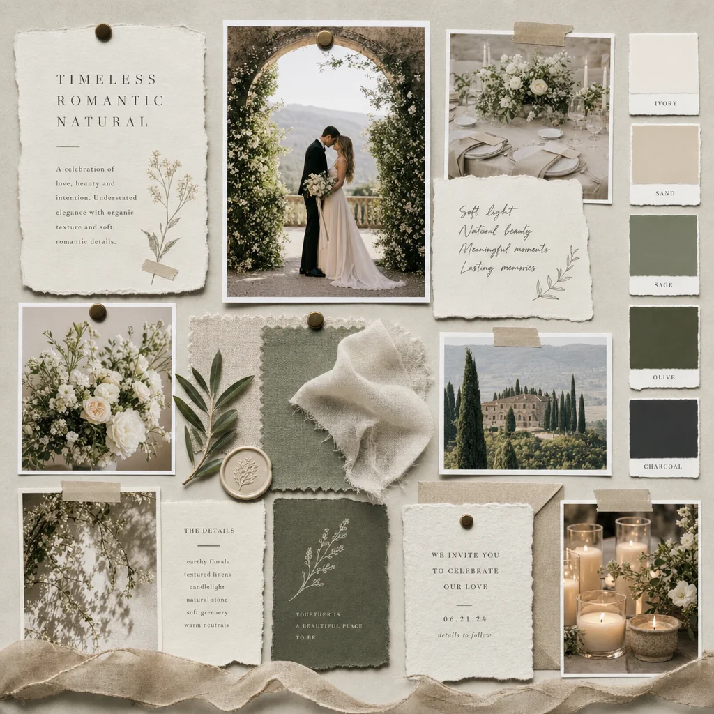A tactile ivory-and-sage wedding moodboard combines ceremony images, linen swatches, color chips and sample invitation typography.