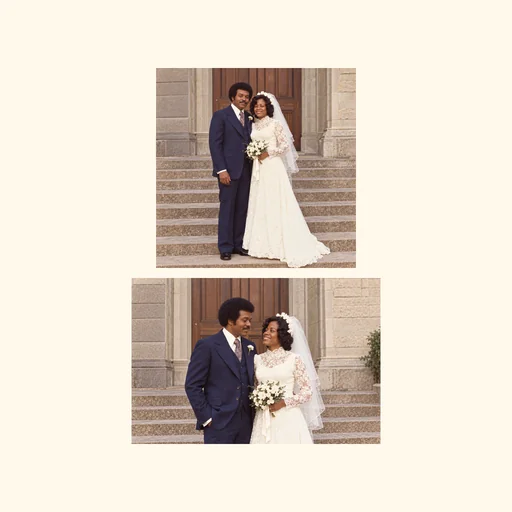 Two complete wedding photos stacked vertically in their original order, preserving both full images.