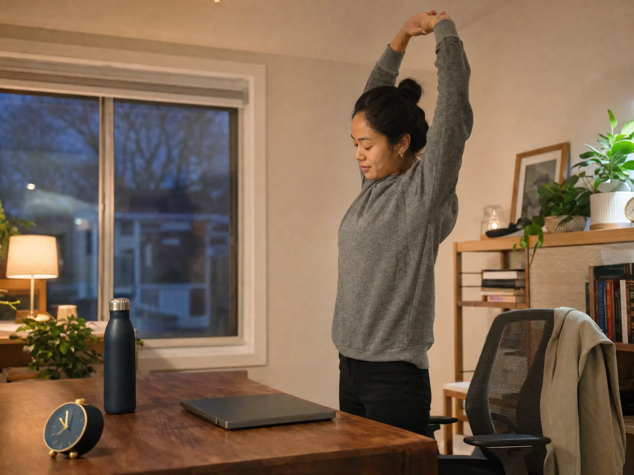 Worker who has just closed a laptop standing and reaching arms overhead in a full-body stretch at a home desk