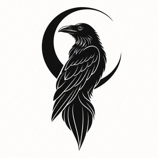 Bold black raven tattoo with folded wing and sweeping crescent.