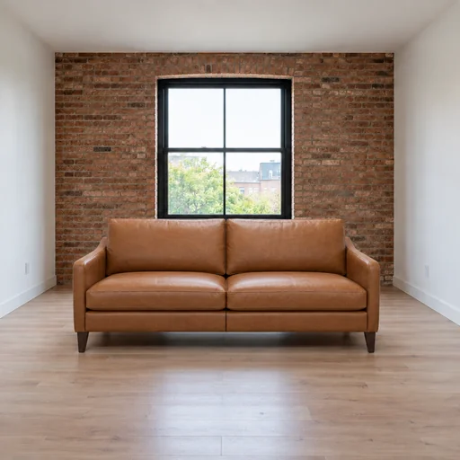 Tan leather sofa centered facing the viewer in an otherwise empty room with a brick wall and black-framed window.
