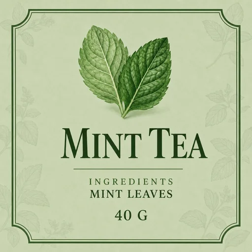 Two mint leaves above MINT TEA, ingredients and 40 G.